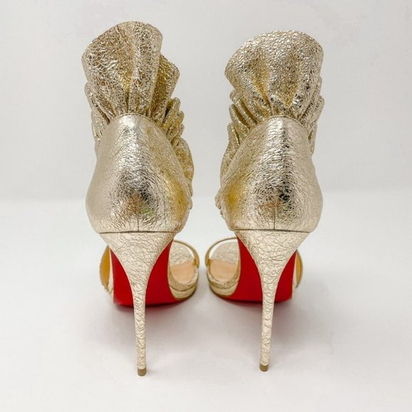 Christian Louboutin Colankle Gold Foil Leather Ruffle Strapped Heels Pumps 37.5 - Picture 7 of 16